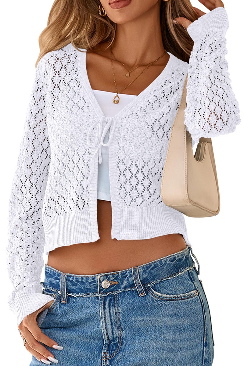 SimpleFun Womens Cardigan Crochet Sweater Fashion Long Sleeve Light Weight Open Front Knit Shrug White,M - Image 1