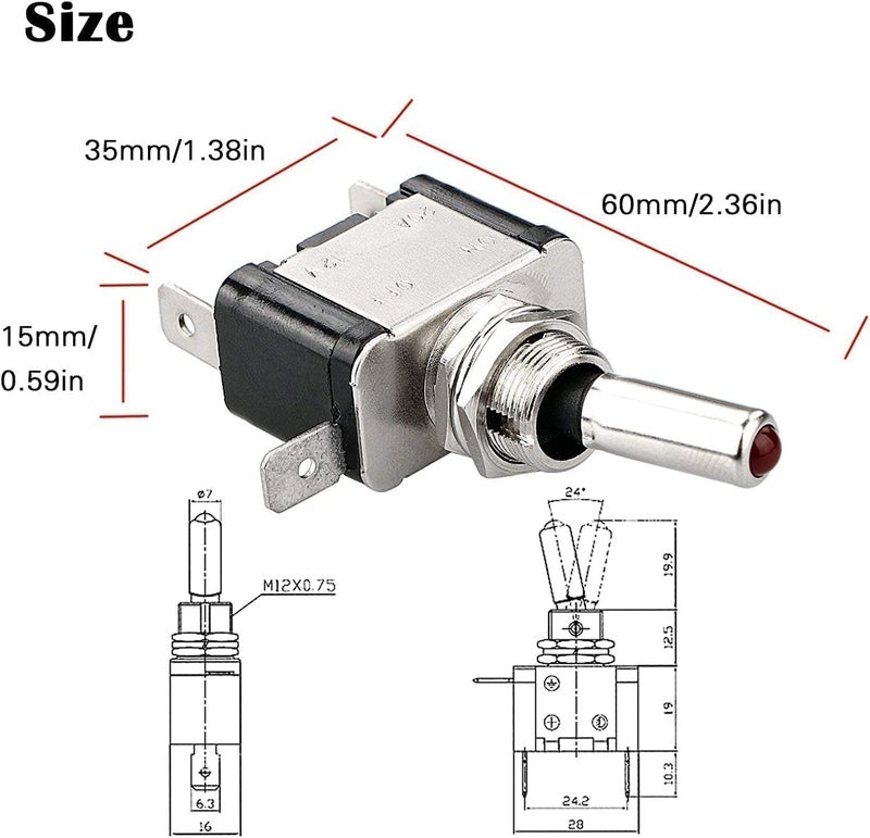 Linkstyle 5PCS 12V LED Toggle Switch, Waterproof 3 Pin SPST 20A ON/Off Red Lighted Rocker Toggle Switch, for Auto Car Marine RV Vehicles Truck Boat Dash - Image 2