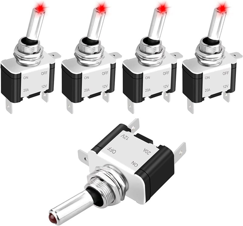Linkstyle 5PCS 12V LED Toggle Switch, Waterproof 3 Pin SPST 20A ON/Off Red Lighted Rocker Toggle Switch, for Auto Car Marine RV Vehicles Truck Boat Dash - Image 1