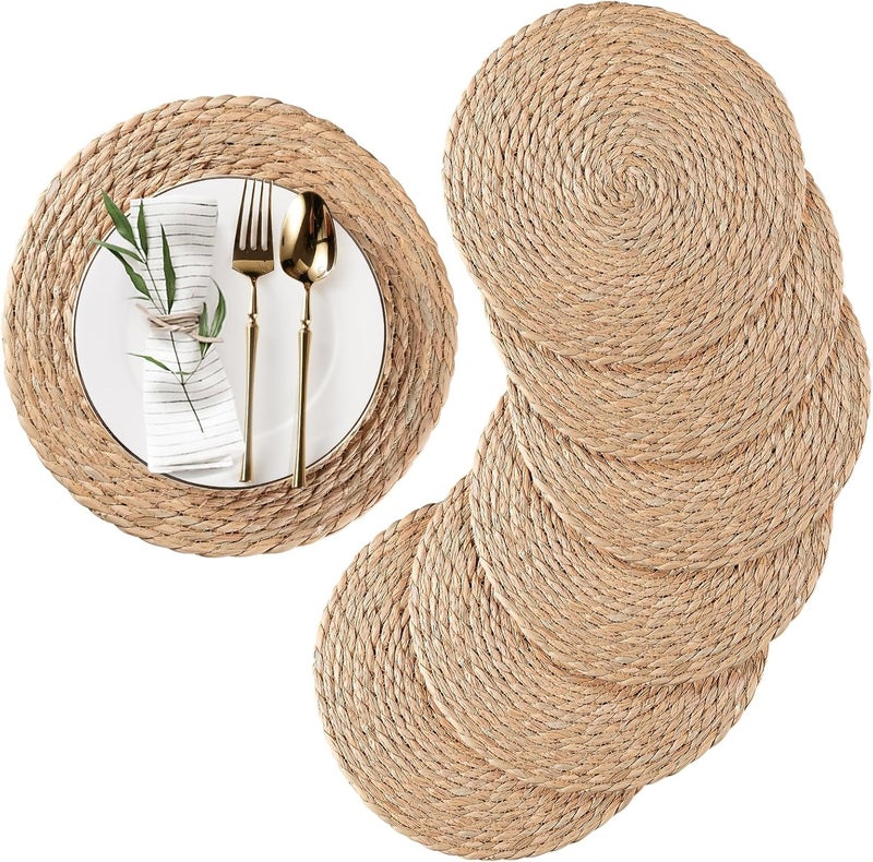 RUNTIVAN Round Woven Placemats Set of 6, Natural Water Hyacinth Place mats, 12 inch Rattan Placemats Wicker Placemats Farmhouse Boho Braided Heat Resistant Outdoor Placemat Patio Table Place Mats - Image 1
