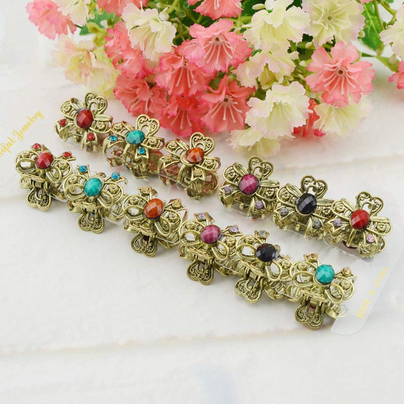 Suoirblss 12PCS Vintage Chic Metal Alloy Rhinestone Mini Fancy Hair Claw Jaw Clips Pins for Women Lady - Image 3