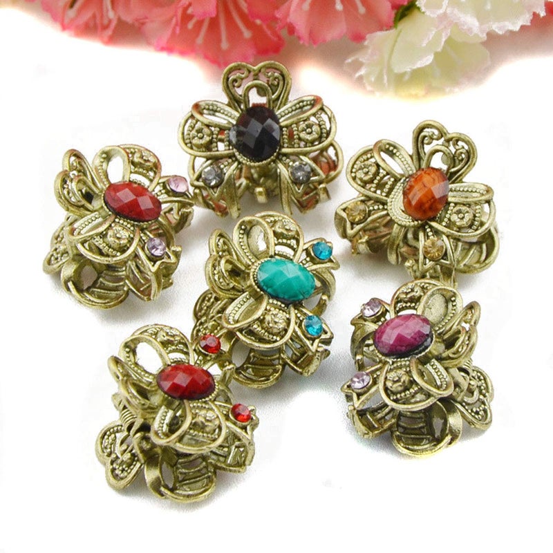 Suoirblss 12PCS Vintage Chic Metal Alloy Rhinestone Mini Fancy Hair Claw Jaw Clips Pins for Women Lady - Image 1