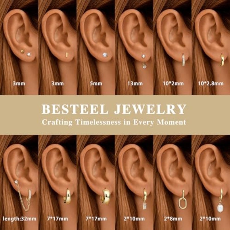BESTEEL 13 زوجًا من الأقراط الذهبية الصغيرة مجموعة أقراط هوجي الأطواق النسائية خفيفة الوزن ولا تسبب الحساسية واللؤلؤ الرقيق مثالية للهدايا - Image 3