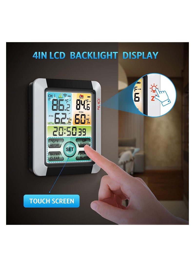 SYOSI - Indoor Outdoor Thermometer, Wireless Weather Station with Remote Sensor, 4'' Color LCD Display Digital Hygrometer Temperature Humidity Monitor, Touchscreen, Alarm Clock for Patio, Home, Room - Image 1