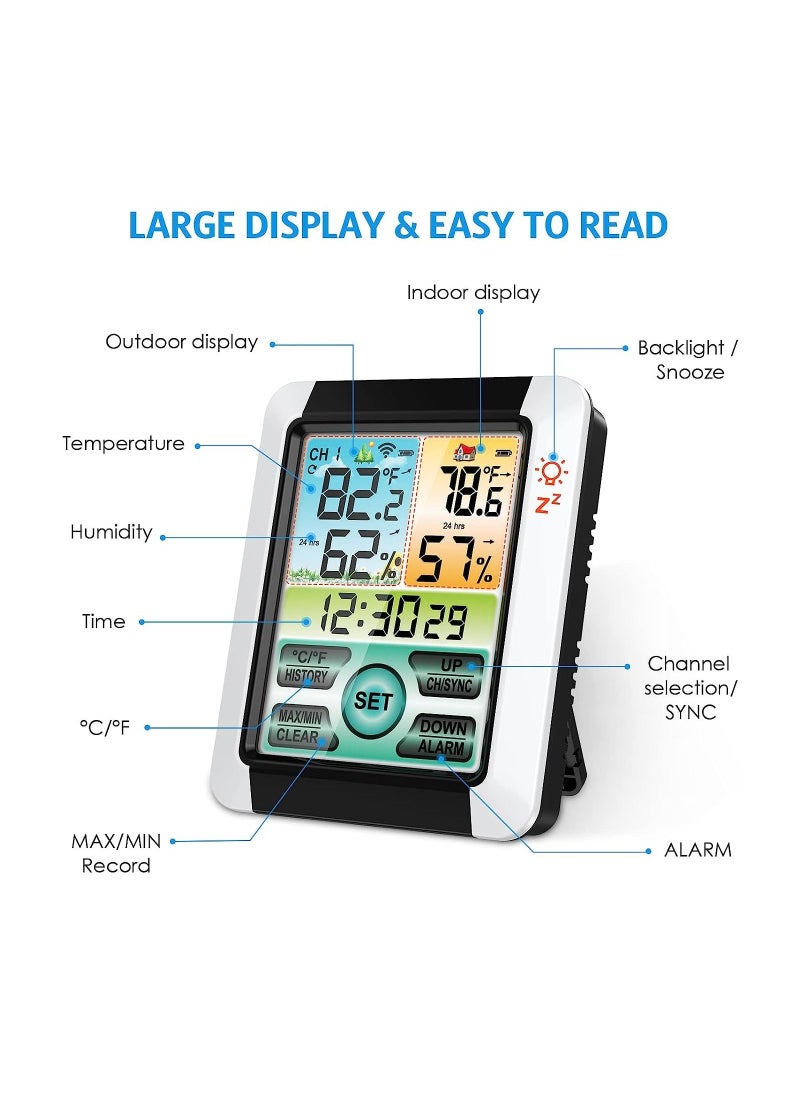 SYOSI - Indoor Outdoor Thermometer, Wireless Weather Station with Remote Sensor, 4'' Color LCD Display Digital Hygrometer Temperature Humidity Monitor, Touchscreen, Alarm Clock for Patio, Home, Room - Image 1