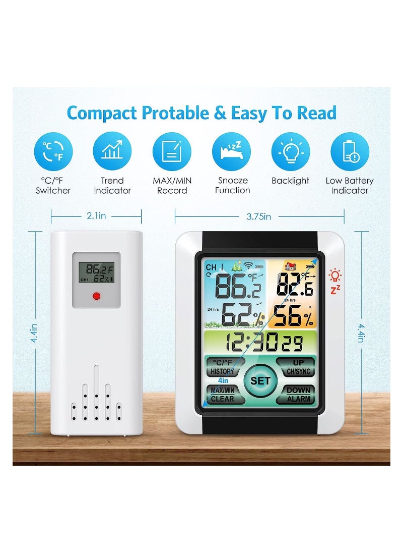 SYOSI - Indoor Outdoor Thermometer, Wireless Weather Station with Remote Sensor, 4'' Color LCD Display Digital Hygrometer Temperature Humidity Monitor, Touchscreen, Alarm Clock for Patio, Home, Room - Image 1