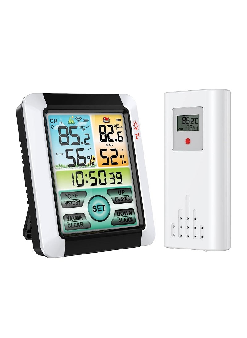 SYOSI - Indoor Outdoor Thermometer, Wireless Weather Station with Remote Sensor, 4'' Color LCD Display Digital Hygrometer Temperature Humidity Monitor, Touchscreen, Alarm Clock for Patio, Home, Room - Image 1