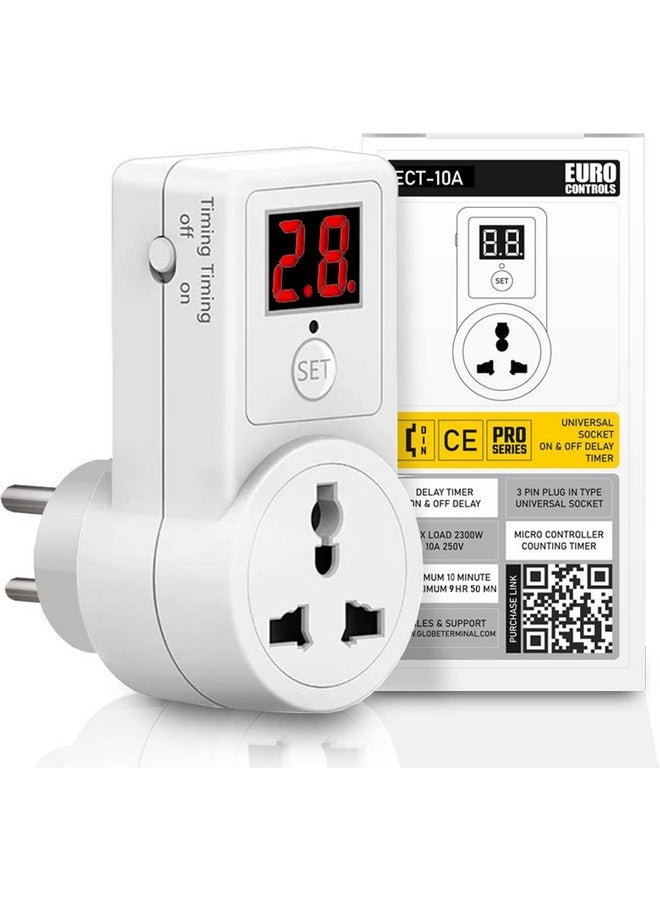 EuroControls مؤقت إلكتروني قابل للبرمجة من يوروكونترولز يورو ECT10A نوع قابس 10 أ على أو تأخير إيقاف التشغيل - قابس عالمي - 3 دبابيس 220 فولت تيار متردد - Image 1