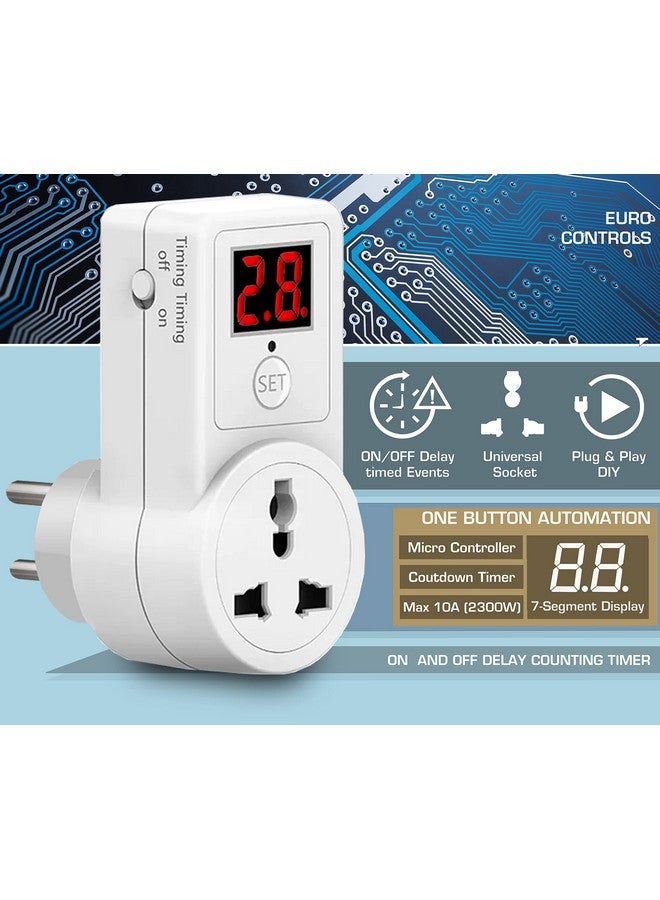 EuroControls مؤقت إلكتروني قابل للبرمجة من يوروكونترولز يورو ECT10A نوع قابس 10 أ على أو تأخير إيقاف التشغيل - قابس عالمي - 3 دبابيس 220 فولت تيار متردد - Image 2
