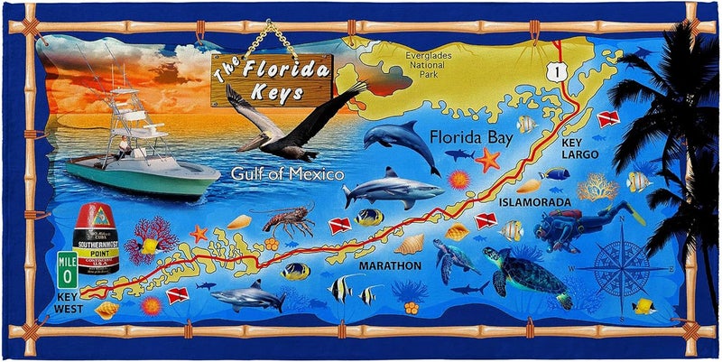 Softerry Florida Keys Map Beach Towel Souvenir Style 30 x 60 inches Sunshine State Islamorada Southernmost Point 100 Cotton - Image 1