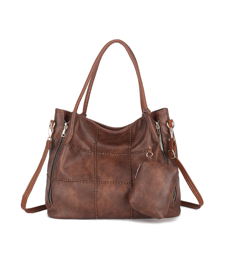 My Friday myfriday 2pcs Soft Faux Leather Tote Bag for Women Set, Slouchy Shoulder Handbag Vintage Top Handle Purse with Coin Purse (Brown) - Image 1