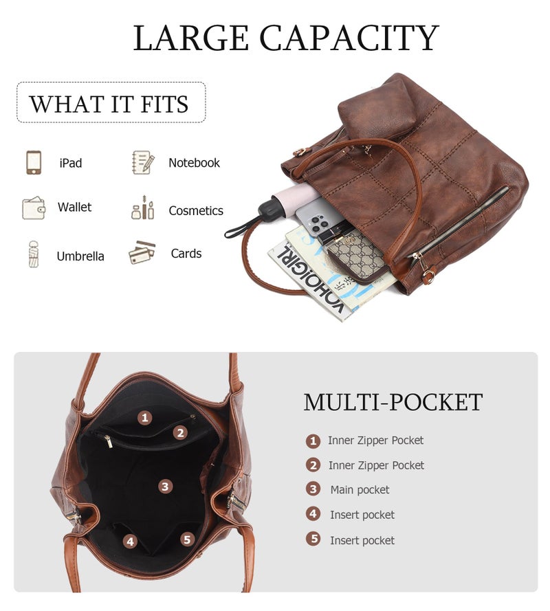 My Friday myfriday 2pcs Soft Faux Leather Tote Bag for Women Set, Slouchy Shoulder Handbag Vintage Top Handle Purse with Coin Purse (Brown) - Image 5