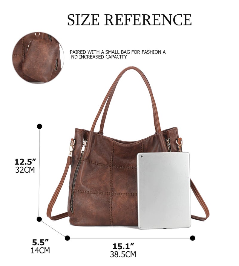 My Friday myfriday 2pcs Soft Faux Leather Tote Bag for Women Set, Slouchy Shoulder Handbag Vintage Top Handle Purse with Coin Purse (Brown) - Image 3