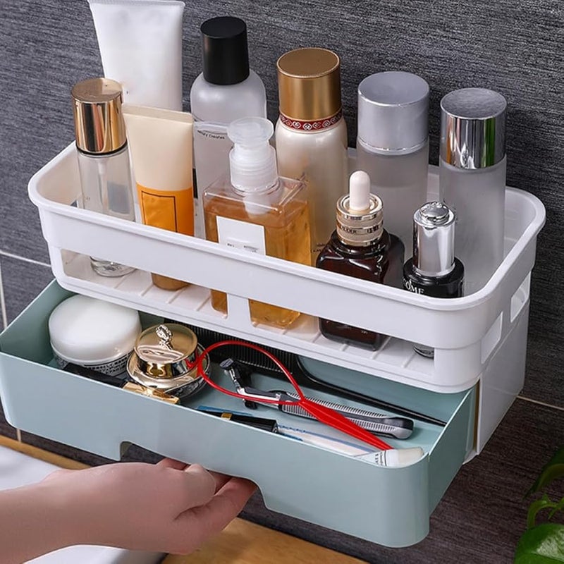 Wall Mounted Bathroom Organizer Shelf With Drawer Drill Free Removable Storage Rack For Toiletries - Image 4