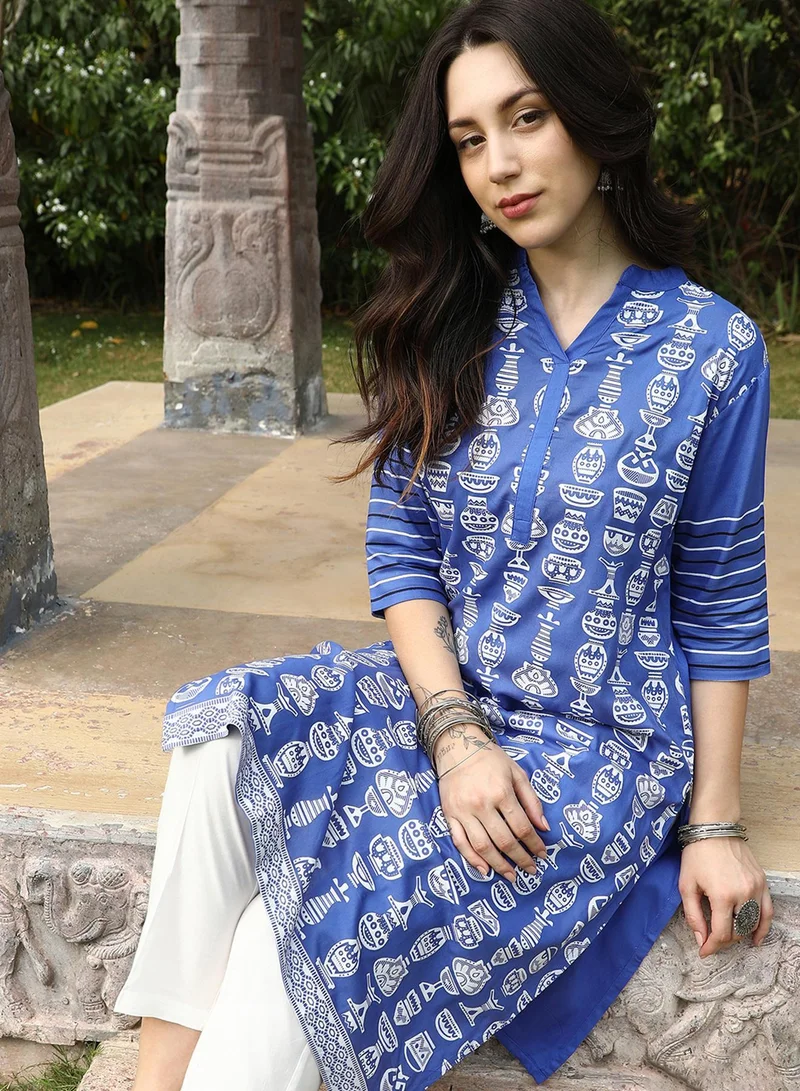 QISSA Women's Cobalt Blue Block Print Kurta With Chalk White Trousers Set