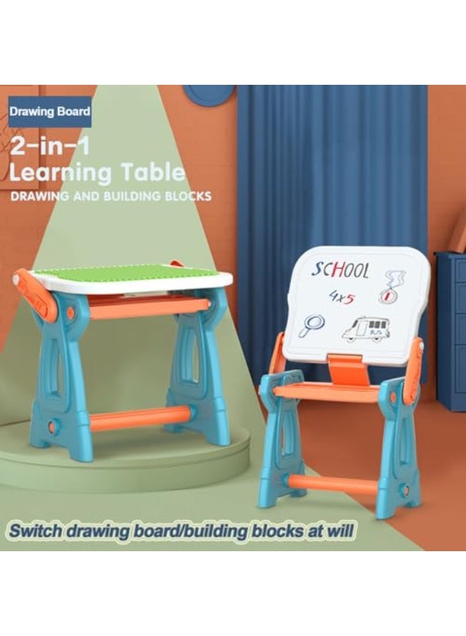 SooFam 2 in 1 Kids Art Easel Drawing Board and Learning Table with seat,Adjustable Rotatable Easel with Painting Accessories and Building Blocks for Toddlers Boys and Girls Gift - Image 2
