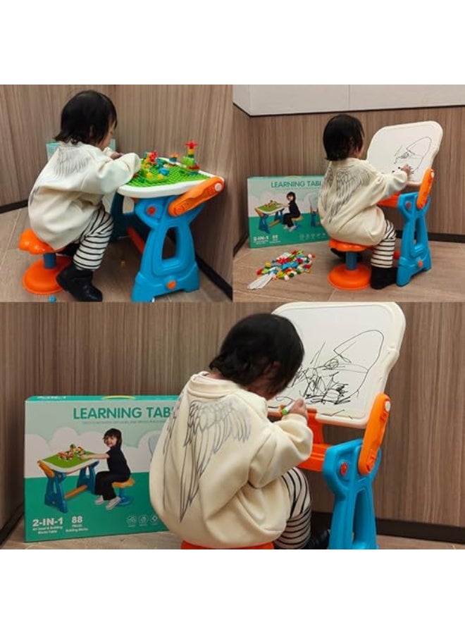 SooFam 2 in 1 Kids Art Easel Drawing Board and Learning Table with seat,Adjustable Rotatable Easel with Painting Accessories and Building Blocks for Toddlers Boys and Girls Gift - Image 4