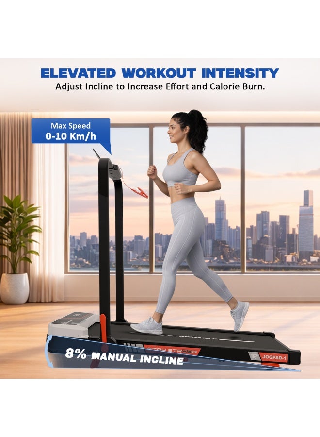 PowerMax Fitness JogPad-1 3HP Motorized 2-in-1 Treadmill for Home & Office Use with Remote Control, 8% Manual Incline, 10 km/h Max Speed, 120 kg Max User Weight, Compact Design, Shock Absorption 950x405mm Running Deck, LED Display, iPad Holder - Image 2