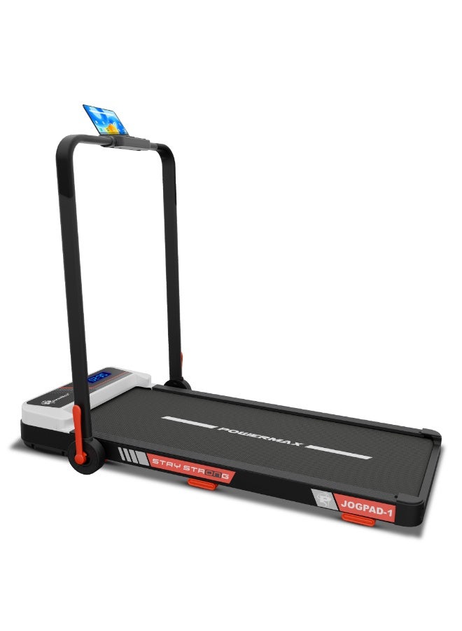 PowerMax Fitness JogPad-1 3HP Motorized 2-in-1 Treadmill for Home & Office Use with Remote Control, 8% Manual Incline, 10 km/h Max Speed, 120 kg Max User Weight, Compact Design, Shock Absorption 950x405mm Running Deck, LED Display, iPad Holder - Image 1