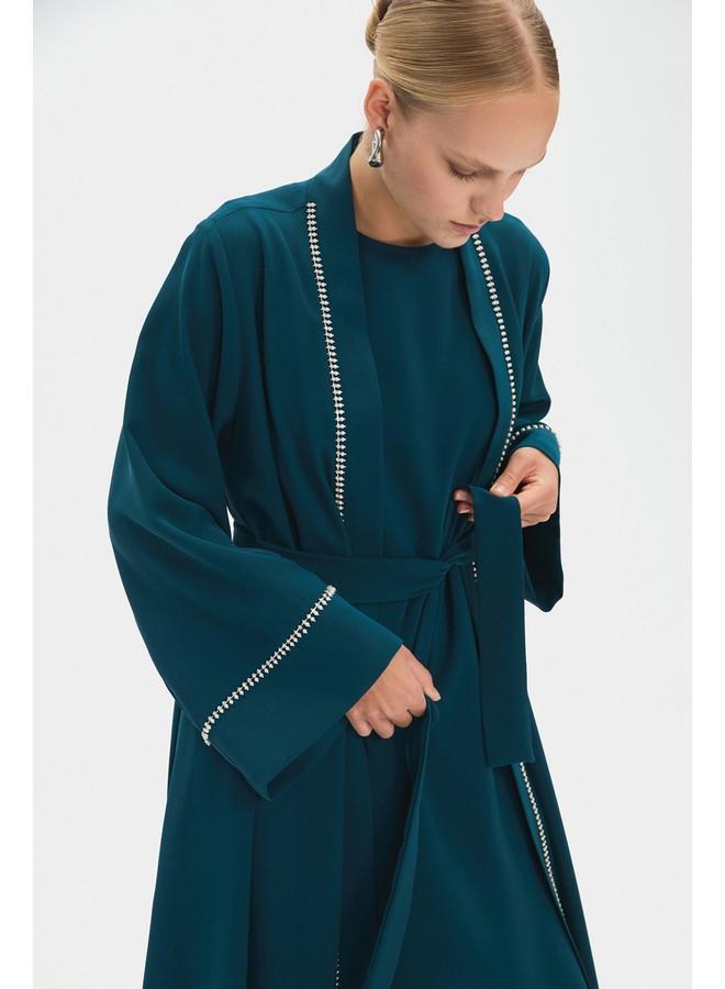 جون عباية جوني نسائية بتفاصيل حجرية بلون تركواز فضفاض - Image 3