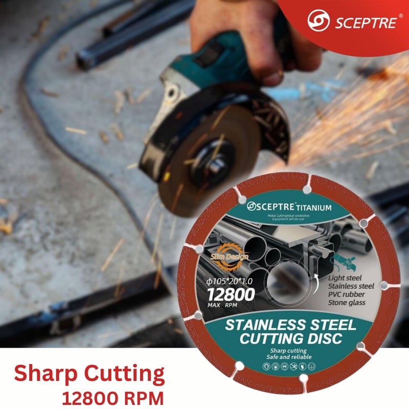 Sceptre Professional Stainless Steel Cutting Disc – 105mm Cutter Disc Saw Blade for Angle Grinder, Light Steel, PVC, Rubber, Stone, Glass, Dry Cutting Grinding Blade, Multicolor - Image 5