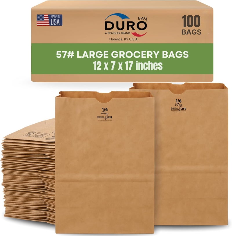 Duro 57# Large Brown Paper Lunch Bags, Heavy-Duty Paper Bags Lunch Size for Grocery, Takeout, and Food Service, Bulk 1/6 Sack, Durable Brown Bag for Retail and Packaging, 100 Count - Image 1
