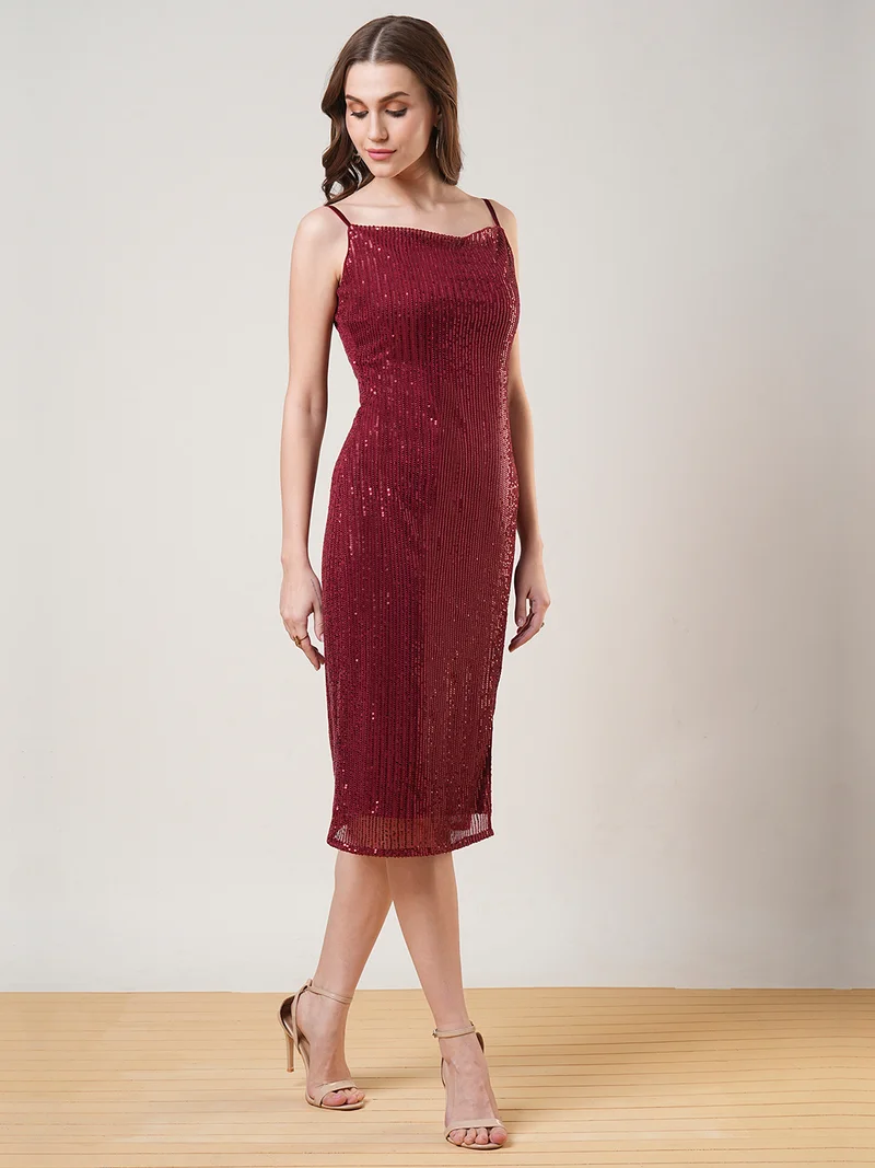 globus Globus Women Cowl Neck Strappy Shoulder Sequinned Side Slit Bodycon Midi Party Dress