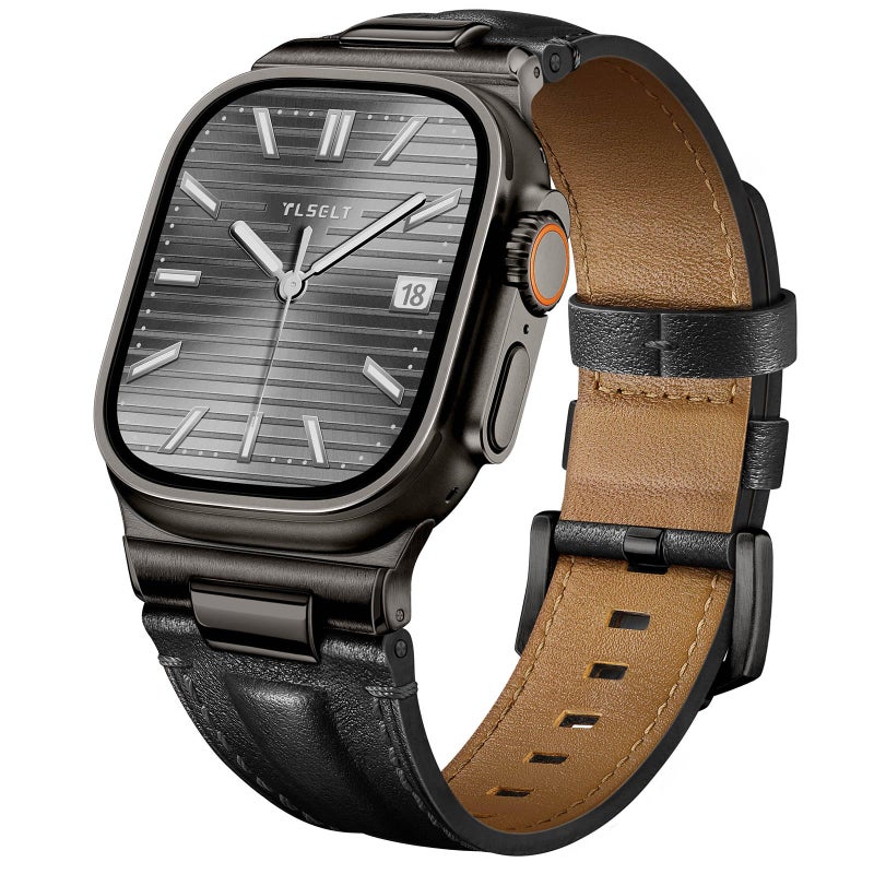 Tlselt Leather Band for Apple Watch Ultra 3/Ultra 2 Bands 49mm 46mm 45mm 44mm, Top Genuine Leather Designer Replacement Strap for iWatch Ultra 3 2 1 SE series 11 10 9 8 7 6 5 4 3 - Image 1