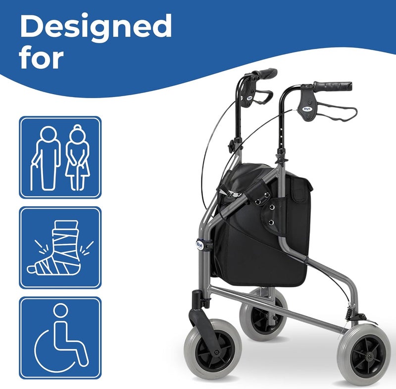 Days Lightweight Tri Wheel Walker Rollator Aluminium Mobility Walker with Adjustable Height and Brakes Foldable Walking Frame with Carry Bag Mobility Aid for Elderly Graphite - Image 2