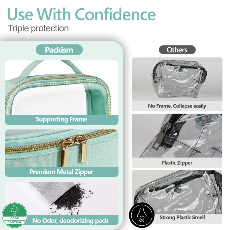 باكيزم حقيبة أدوات تجميل معتمدة من إدارة أمن النقل الأمريكية (TSA) من باكيزم - حقيبة مكياج شفافة لامعة، قابلة للتخصيص وعصرية، بفتحة واسعة 180 مم وإطار داعم، مثالية لمستلزمات السفر، سميكة وخالية من الروائح، لون أخضر - Image 5