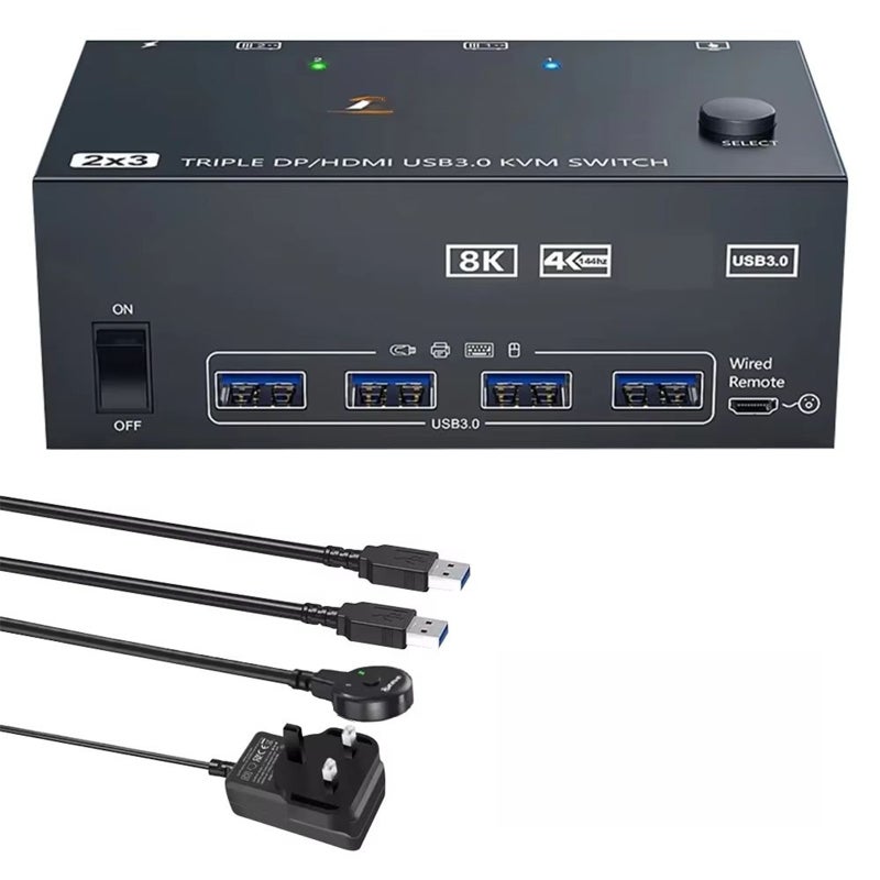 KCEVE KC-KVM203HHD KVM Switch supports 2 computers and 3 monitors. This 3-monitor KVM switch features 2 HDMI ports and 1 DisplayPort port, supporting 4K@144Hz and 8K@ 60Hz resolution USB 3.0 KVM Switch Supports HDMI and DisplayPort ports Allows 2 computers to share a mouse, keyboard, and 3 monitors Equipped with a wired controller - Image 1