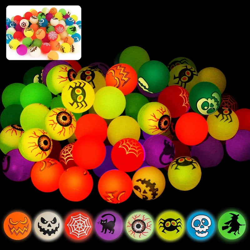 spring flower 72 Glow in The Dark Bouncing Balls,Halloween Party Favors Supplies, 8 Halloween Theme Designs for School Classroom Game Rewards, Trick or Treating Goodie, Halloween Miniatures/Prizes(with pouch bag) - Image 1