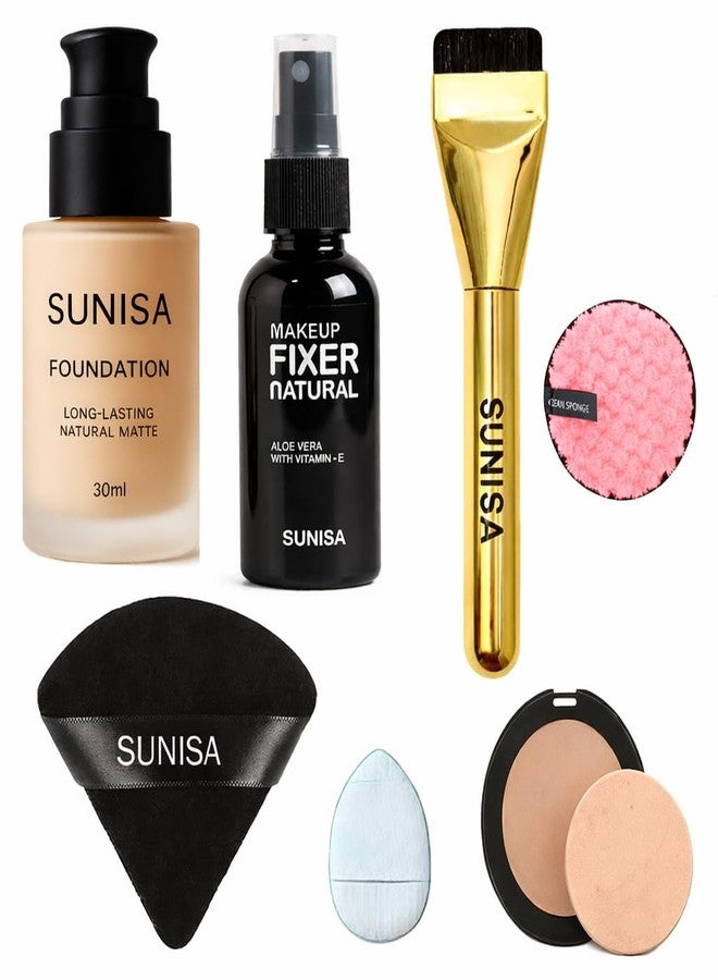 SUNISA BB And CC Cream Foundation Long-Lasting Natural Matte 30ml, Makeup Fixer Natural with Aloe Vera & Vitamin-E, Foundation Brush, Cleansing Sponge, Makeup Sponges, 7 Piece Set - Image 1