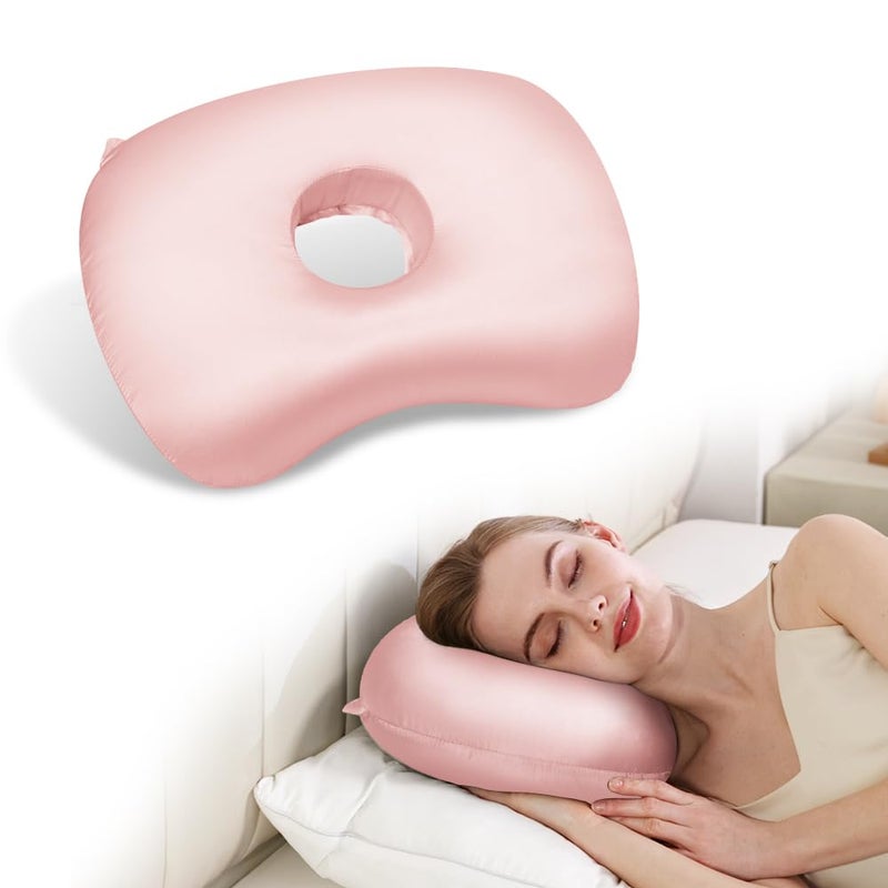 Swaycy Ear Piercing Hole Pillows Side Sleeper Pillow with an Ear Hole for CNH Side Sleepers and Ear Inflammation Pressure Sores Adjustable Cotton and Polyester Curved Side Pillow Light Pink Silk - Image 2