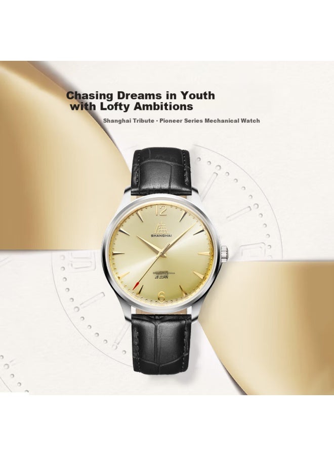 Shanghai Men's Automatic Mechanical Watch Classic 28 els Tribute To Pioneers Gold Dial Black Strap Father's Gift - Image 2