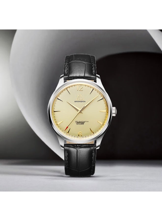 Shanghai Men's Automatic Mechanical Watch Classic 28 els Tribute To Pioneers Gold Dial Black Strap Father's Gift - Image 3