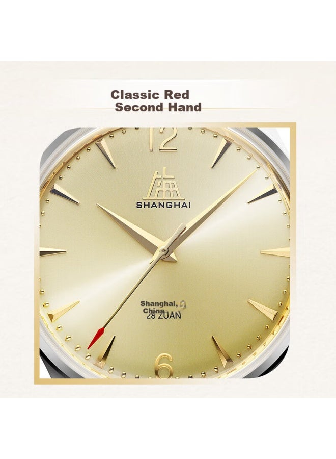 Shanghai Men's Automatic Mechanical Watch Classic 28 els Tribute To Pioneers Gold Dial Black Strap Father's Gift - Image 1