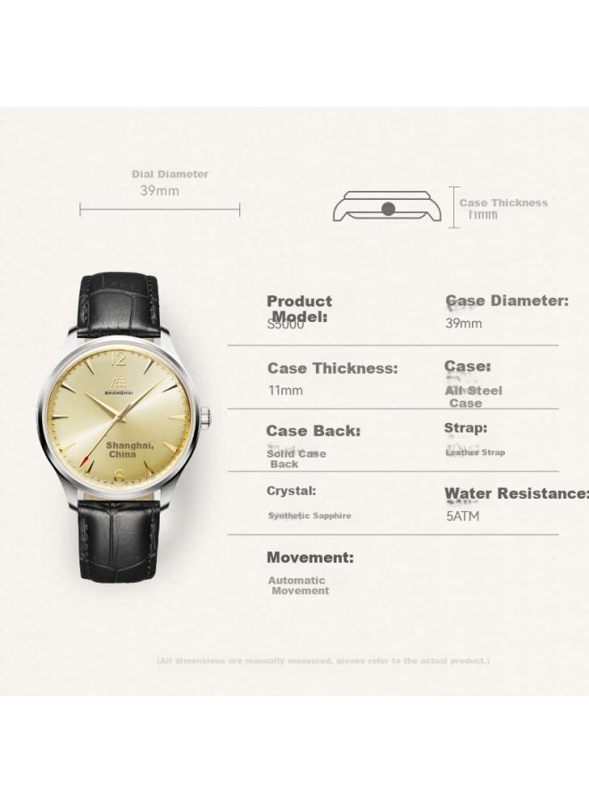 Shanghai Men's Automatic Mechanical Watch Classic 28 els Tribute To Pioneers Gold Dial Black Strap Father's Gift - Image 4
