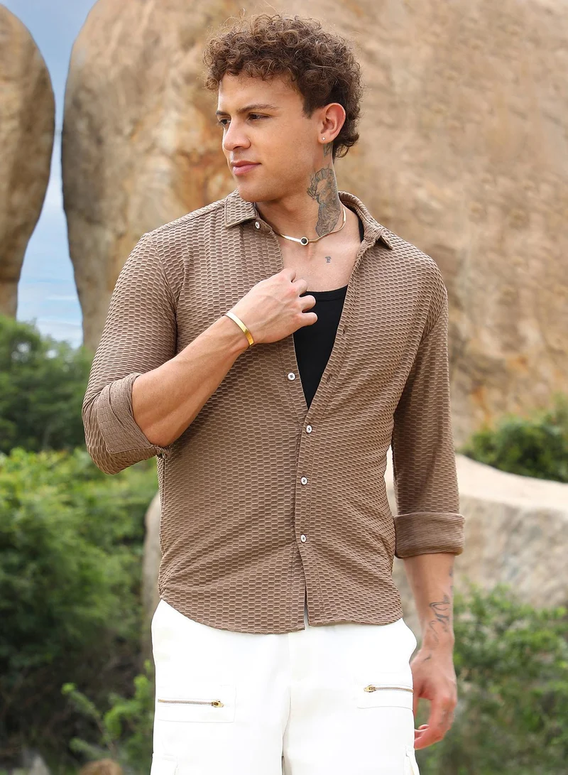 Campus Sutra Men's Mocha Brown Hive-Textured Shirt For Casual Wear | Spread Collar | Long Sleeve | Button Closure | Shirt Crafted With Comfort Fit For Everyday Wear