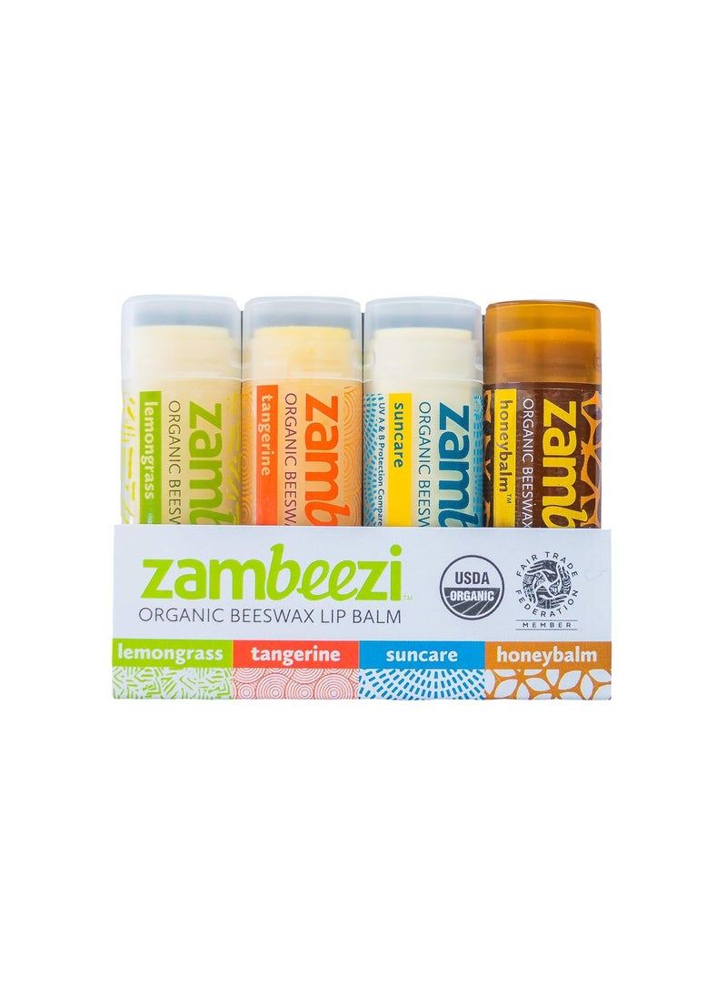 Zambeezi Fair Trade Organic Beeswax Lip Balm  Variety 4 Pack Lemongrass Tangerine Suncare and Honeybalm  Ethically Sourced 