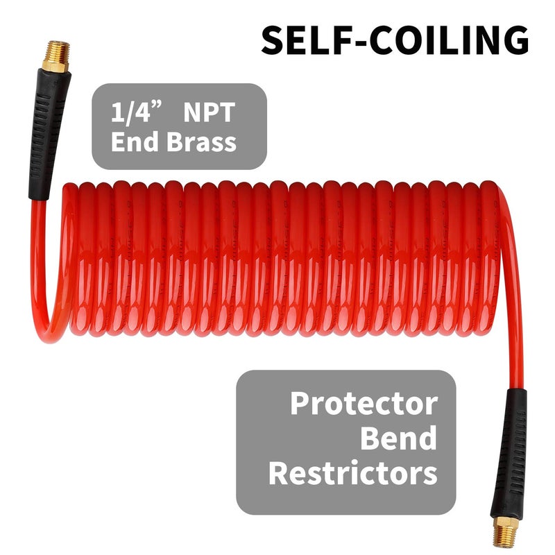 Hromee 1/4 in x 25 ft Polyurethane Recoil Air Hose with Bend Restrictors Compressor Hose with 1/4" Industrial Universal Quick Coupler and I/M Plug Kit, Red - Image 3