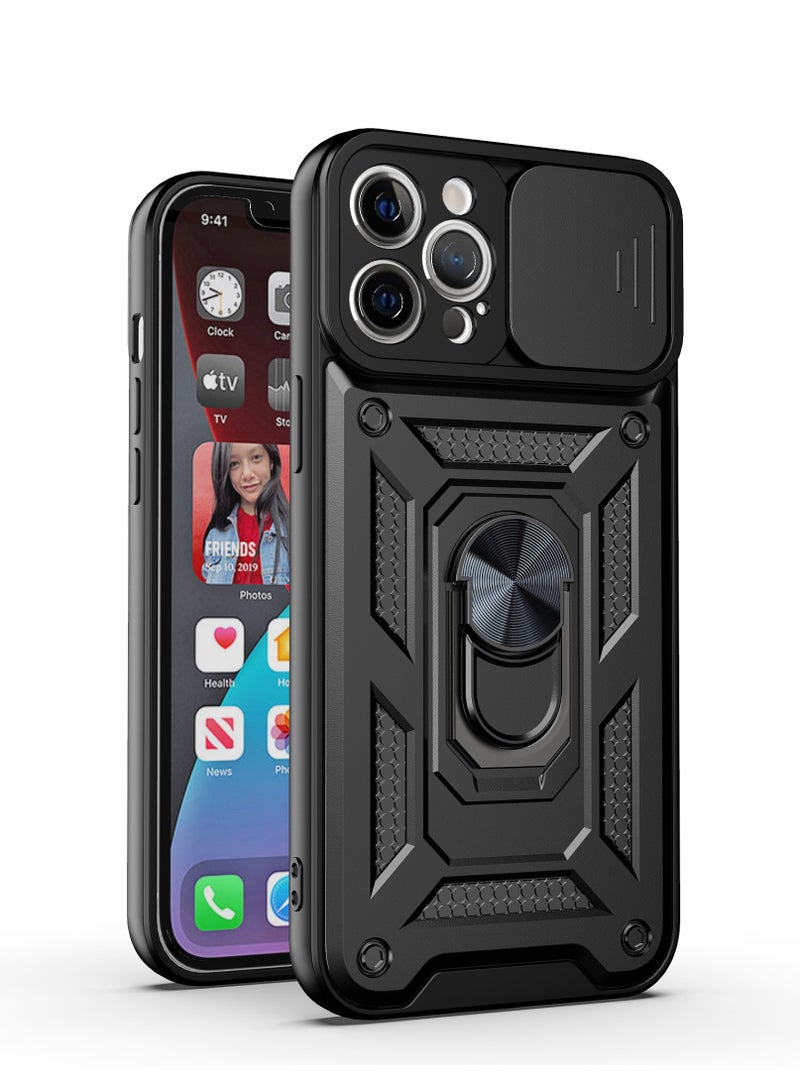 Shunjia Sliding Window Case, Shockproof Rugged Armor with Sliding Camera Cover & 360° Ring Kickstand, Compatible with Apple iPhone 12 Pro Max (Black)