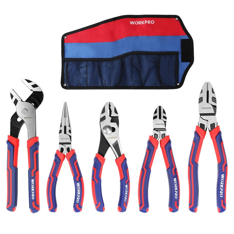 WORKPRO Pliers Set, Premium Cr-V Construction, Includes 6 Inch Slip Joint Pliers, 6 Inch Long Nose, 6 Inch Diagonal Cutting, 8 Inch Groove Joint, 7 Inch Linesman and Storage Pouch, for Basic Repair - Image 1