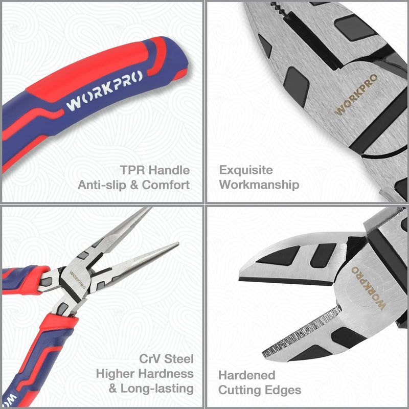 WORKPRO Pliers Set, Premium Cr-V Construction, Includes 6 Inch Slip Joint Pliers, 6 Inch Long Nose, 6 Inch Diagonal Cutting, 8 Inch Groove Joint, 7 Inch Linesman and Storage Pouch, for Basic Repair - Image 3