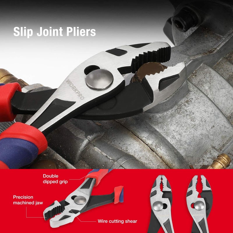 WORKPRO Pliers Set, Premium Cr-V Construction, Includes 6 Inch Slip Joint Pliers, 6 Inch Long Nose, 6 Inch Diagonal Cutting, 8 Inch Groove Joint, 7 Inch Linesman and Storage Pouch, for Basic Repair - Image 4