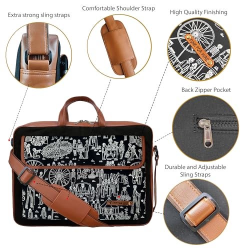 Funk For Hire Mela Printed One Pocket Cotton Canvas Unisex 15.6 inch Laptop Bag Black - Image 4