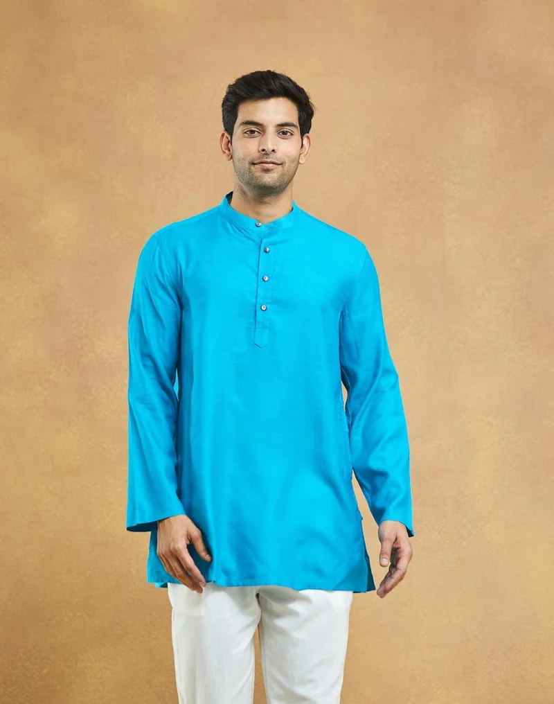 فاب انديا Turquoise Viscose Silk Short Kurta