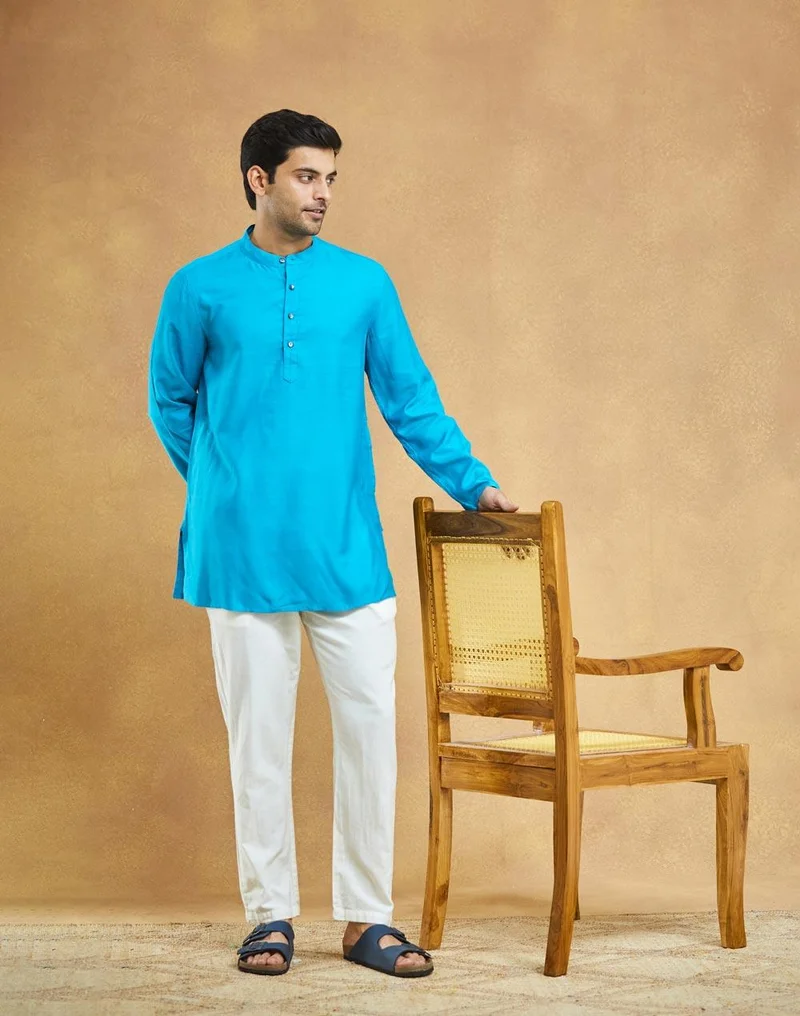 Fabindia Turquoise Viscose Silk Short Kurta