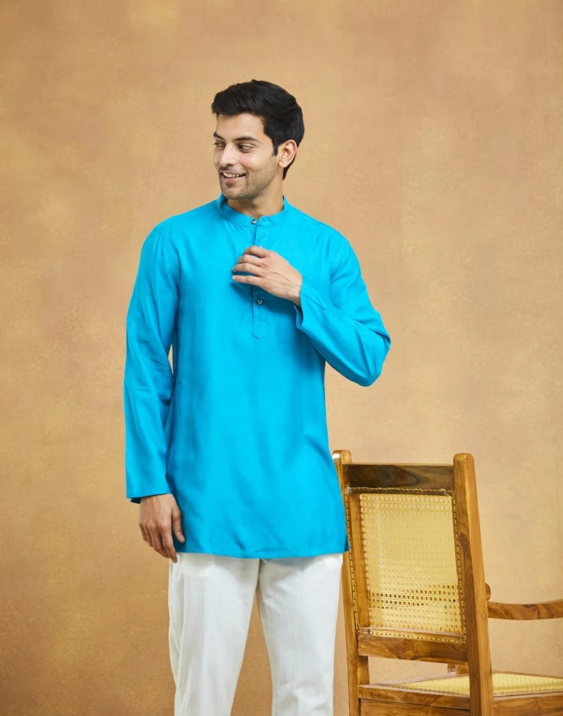 فاب انديا Turquoise Viscose Silk Short Kurta