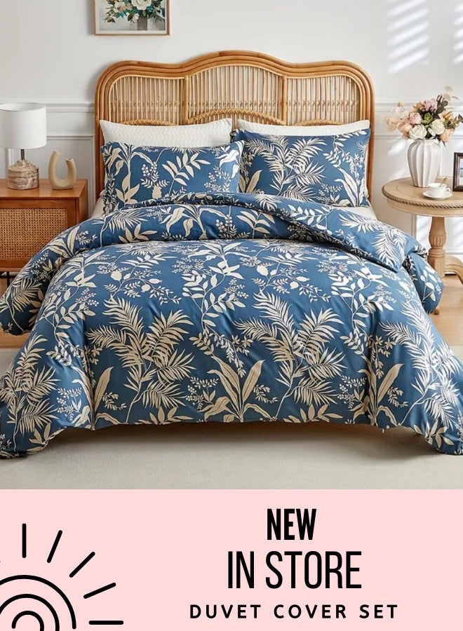 LUNA Home King size 6-piece blue with beige leaf style duvet cover set. - Image 1